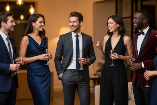 Grupa pracowników biurowych ubranych w eleganckie stroje na firmową imprezę w nowoczesnym biurze