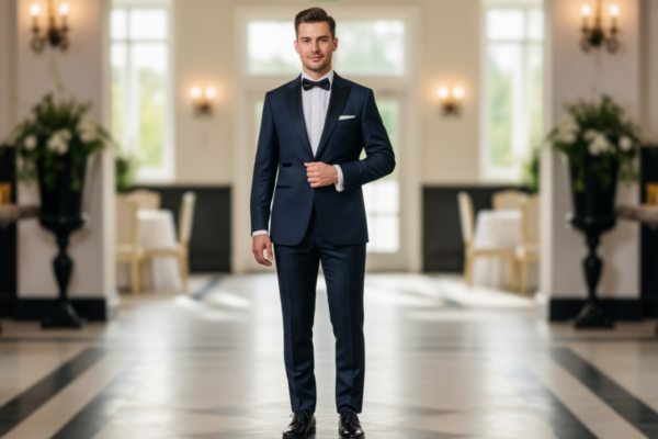 Mężczyzna w ciemnym garniturze stojący pewnie w eleganckim wnętrzu weselnym