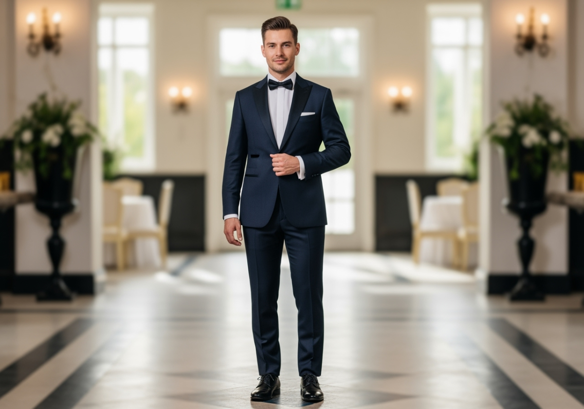 Mężczyzna w ciemnym garniturze stojący pewnie w eleganckim wnętrzu weselnym