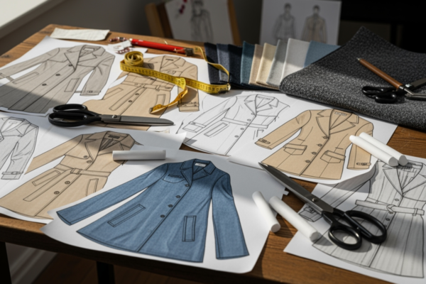 Zbliżenie wzorów i materiałów na płaszcze z narzędziami krawieckimi na drewnianym stole w atelier