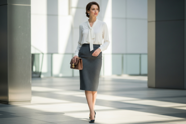 Kobieta w miejskim otoczeniu w ołówkowej spódnicy i eleganckiej, lekko włożonej bluzce