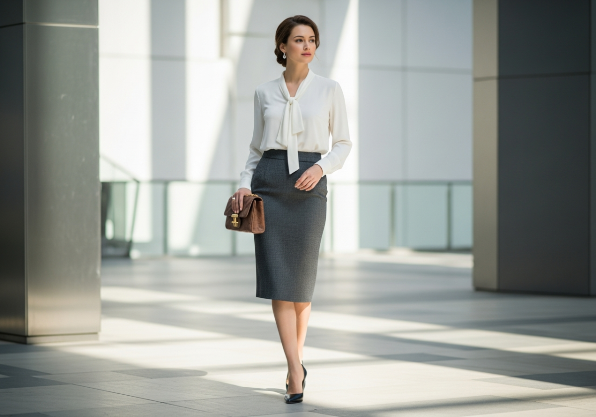 Kobieta w miejskim otoczeniu w ołówkowej spódnicy i eleganckiej, lekko włożonej bluzce