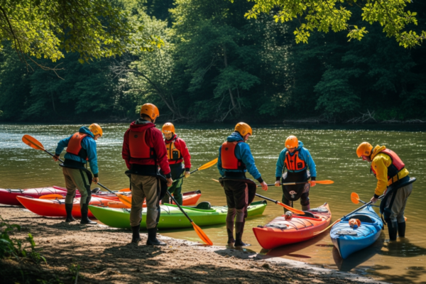 Grupa osób w kamizelkach ratunkowych przygotowuje kajaki nad rzeką otoczoną zielenią.