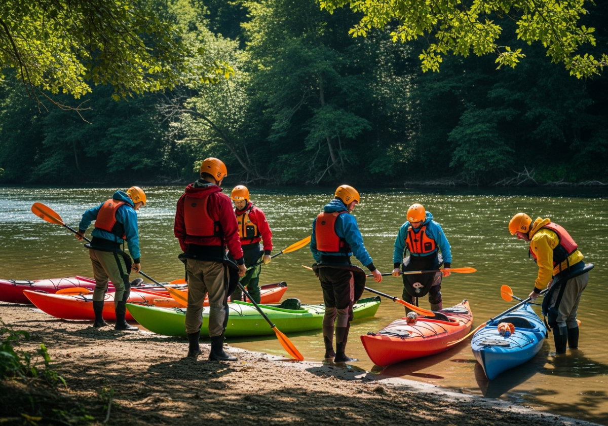 Grupa osób w kamizelkach ratunkowych przygotowuje kajaki nad rzeką otoczoną zielenią.