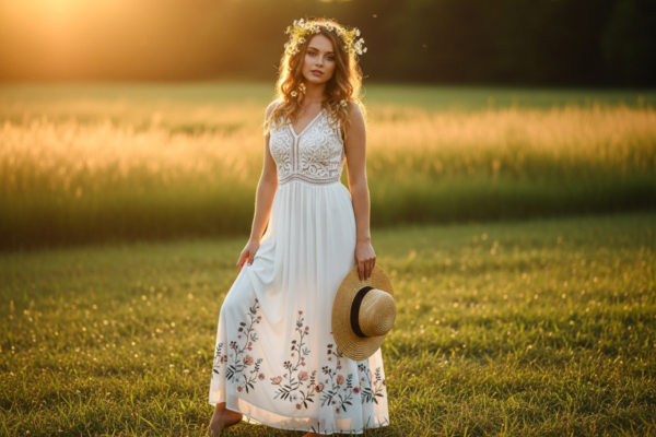 Młoda kobieta w boho sukience w słonecznej łące z kapeluszem, dzikie kwiaty we włosach, na boso.