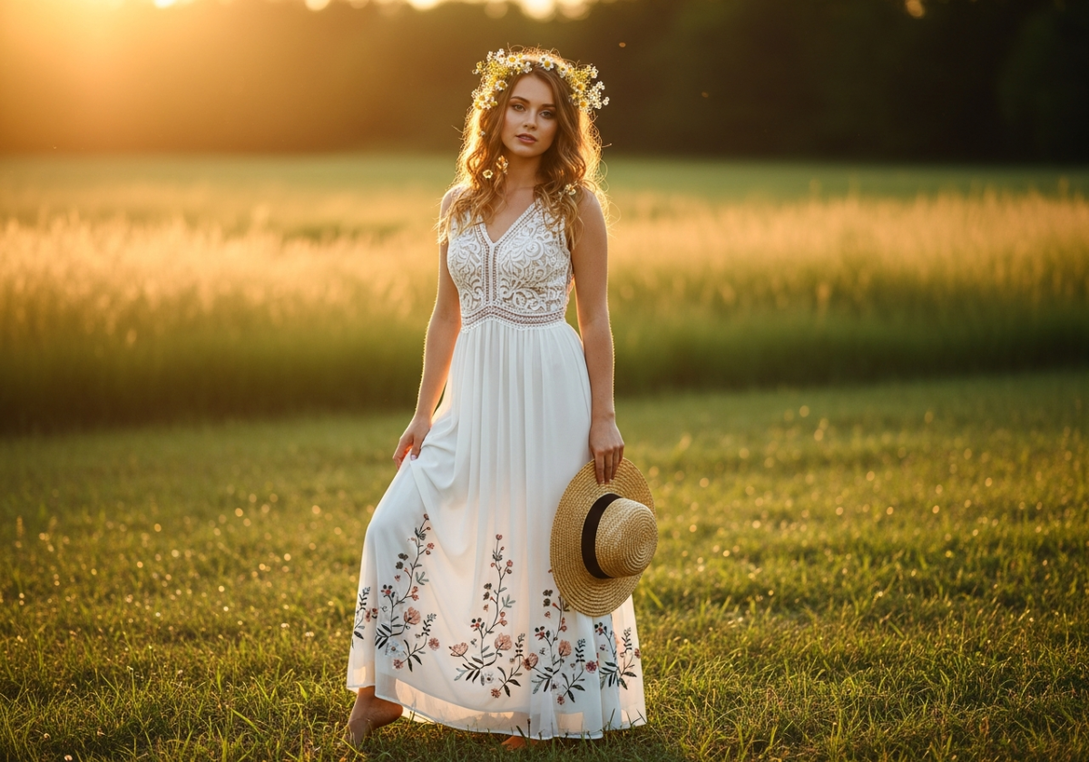 Młoda kobieta w boho sukience w słonecznej łące z kapeluszem, dzikie kwiaty we włosach, na boso.