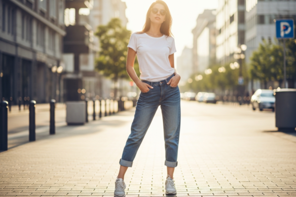 Młoda kobieta w boyfriend jeans, białym t-shircie i sneakersach na słonecznej miejskiej ulicy.