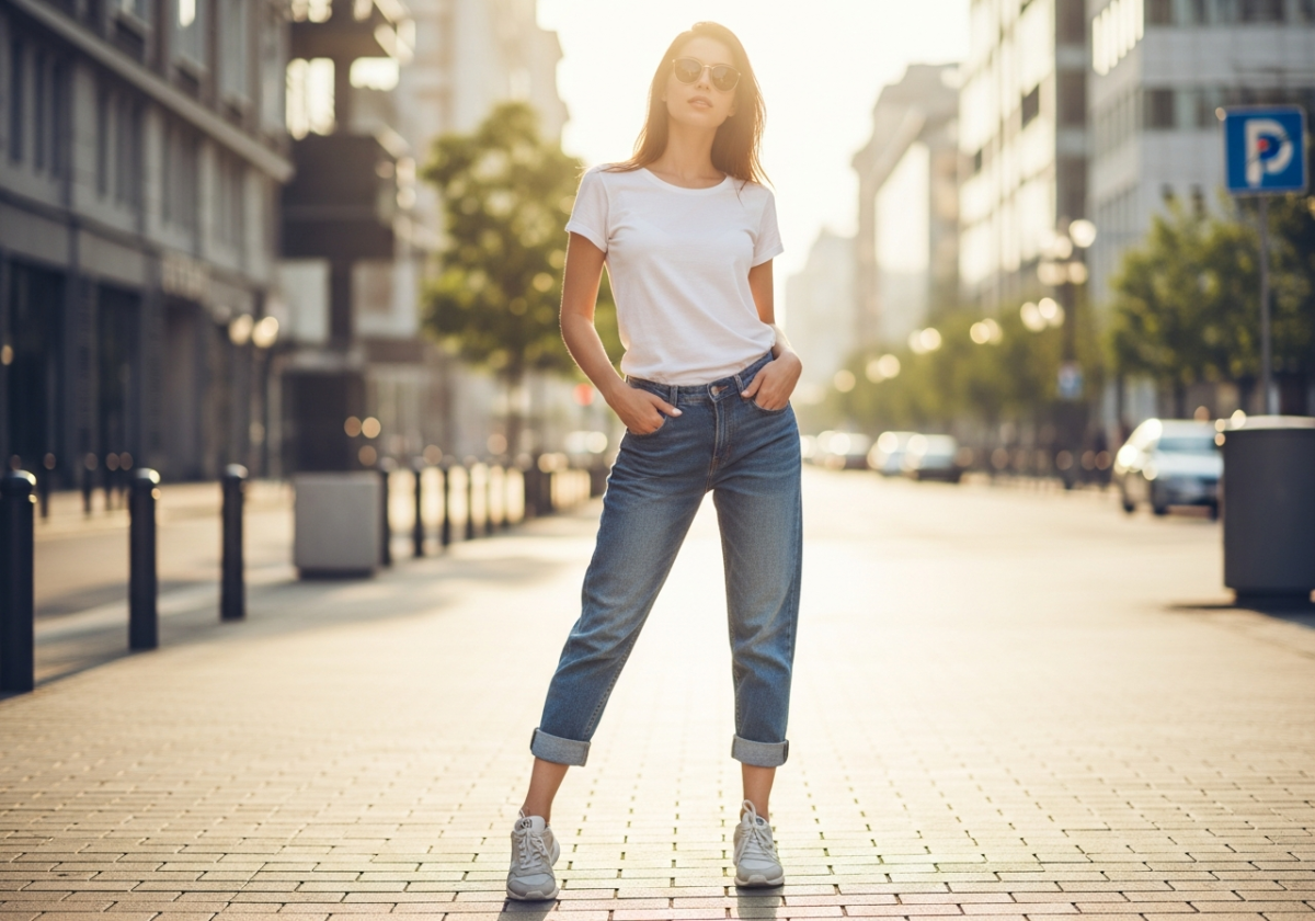 Młoda kobieta w boyfriend jeans, białym t-shircie i sneakersach na słonecznej miejskiej ulicy.