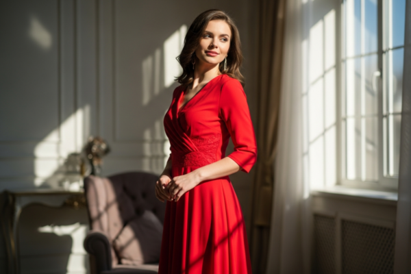 Młoda kobieta w czerwonej sukience stoi w eleganckim, słonecznym wnętrzu, podkreślając sylwetkę.