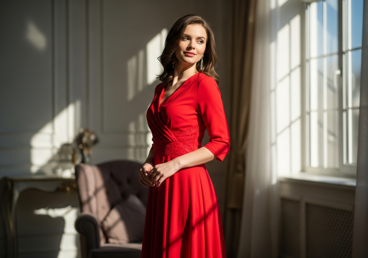 Młoda kobieta w czerwonej sukience stoi w eleganckim, słonecznym wnętrzu, podkreślając sylwetkę.