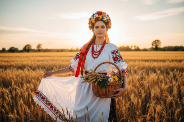 Młoda kobieta w tradycyjnym stroju dożynkowym stoi na polu pszenicy o zachodzie słońca