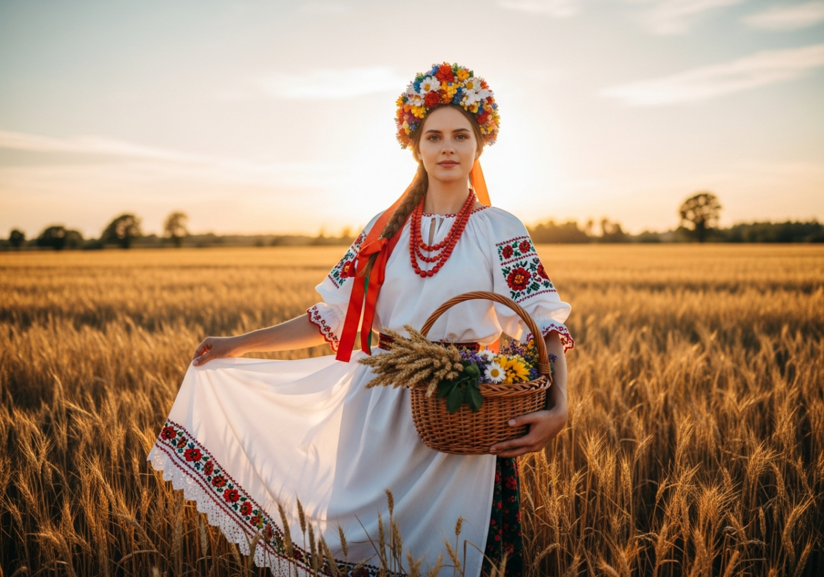 Młoda kobieta w tradycyjnym stroju dożynkowym stoi na polu pszenicy o zachodzie słońca