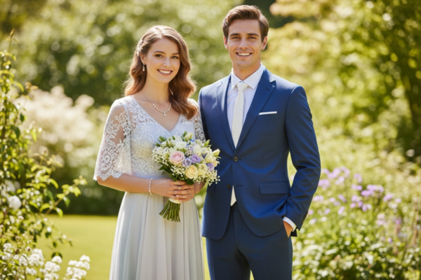 Młoda para w eleganckich strojach weselnych stoi w jasnym ogrodzie pełnym kwiatów.