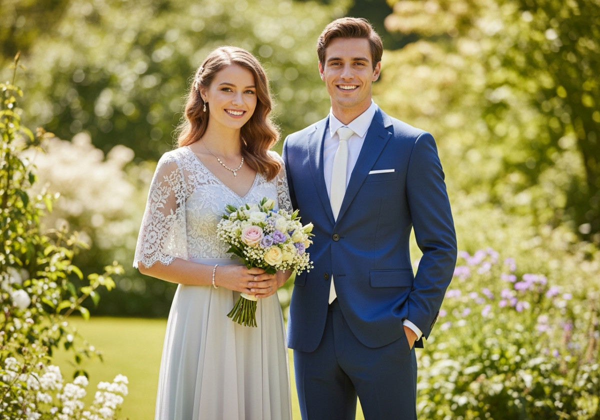 Młoda para w eleganckich strojach weselnych stoi w jasnym ogrodzie pełnym kwiatów.