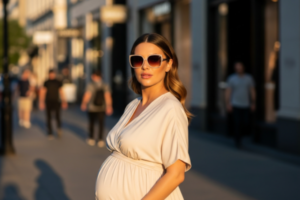 świetnie ubrana w ciążową sukienkę ikona mody spacerująca na zewnątrz w naturalnym świetle