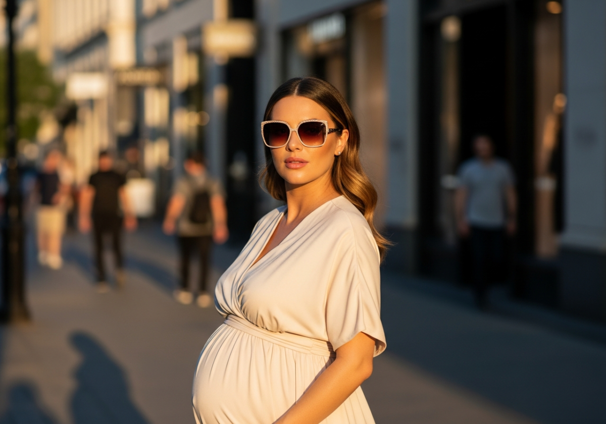 świetnie ubrana w ciążową sukienkę ikona mody spacerująca na zewnątrz w naturalnym świetle