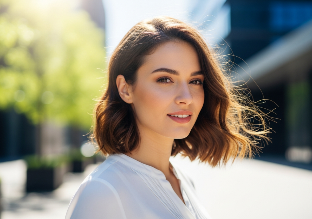 Młoda kobieta w białej bluzce stoi na tle miejskiej zieleni, uśmiecha się, włosy porusza wiatr.