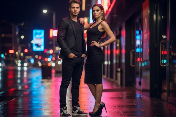 Stylowa para w modnych ubraniach stoi przed klubem nocą, neonowe światła odbijają się na mokrym chodniku.