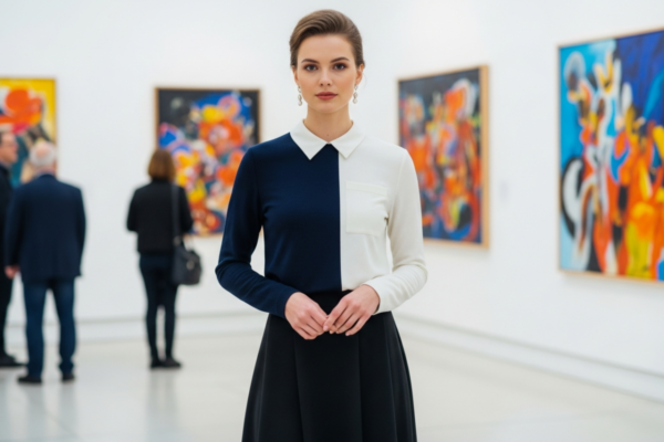 Stylowa kobieta w galerii sztuki na tle abstrakcyjnych obrazów, naturalne oświetlenie, elegancki strój.