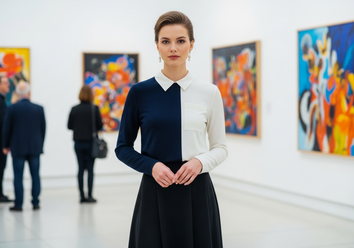 Stylowa kobieta w galerii sztuki na tle abstrakcyjnych obrazów, naturalne oświetlenie, elegancki strój.