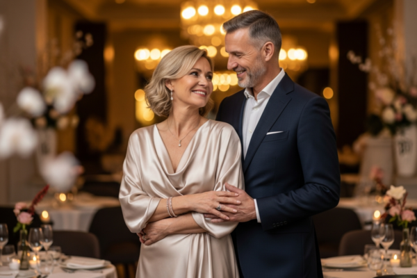 Elegancka dojrzała para w restauracji, uśmiechająca się do siebie w romantycznej atmosferze.