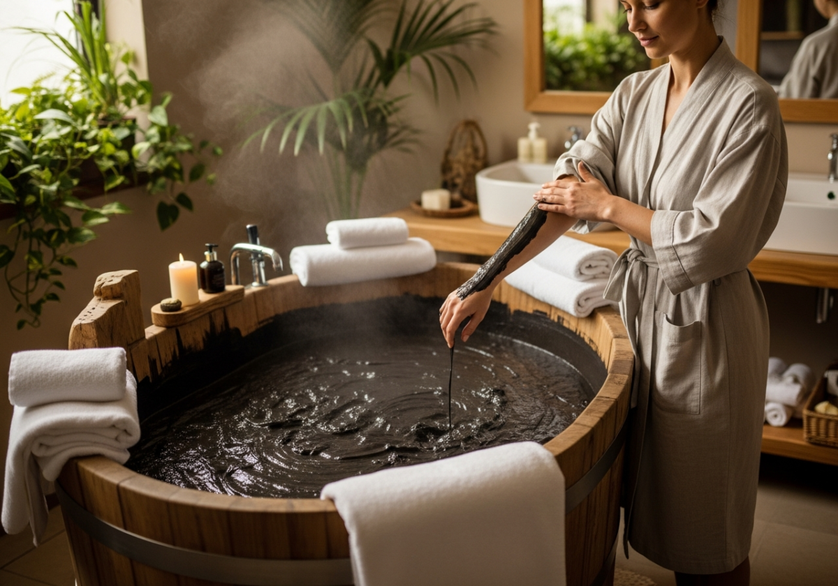 Drewniana wanna z błotem leczniczym, kobieta nakłada błoto na przedramię w strefie spa.