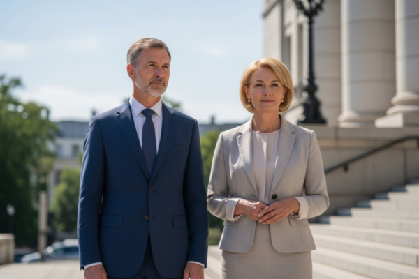 Mężczyzna i kobieta stoją przed gmachem sądu na schodach w naturalnym świetle, ubrani formalnie.