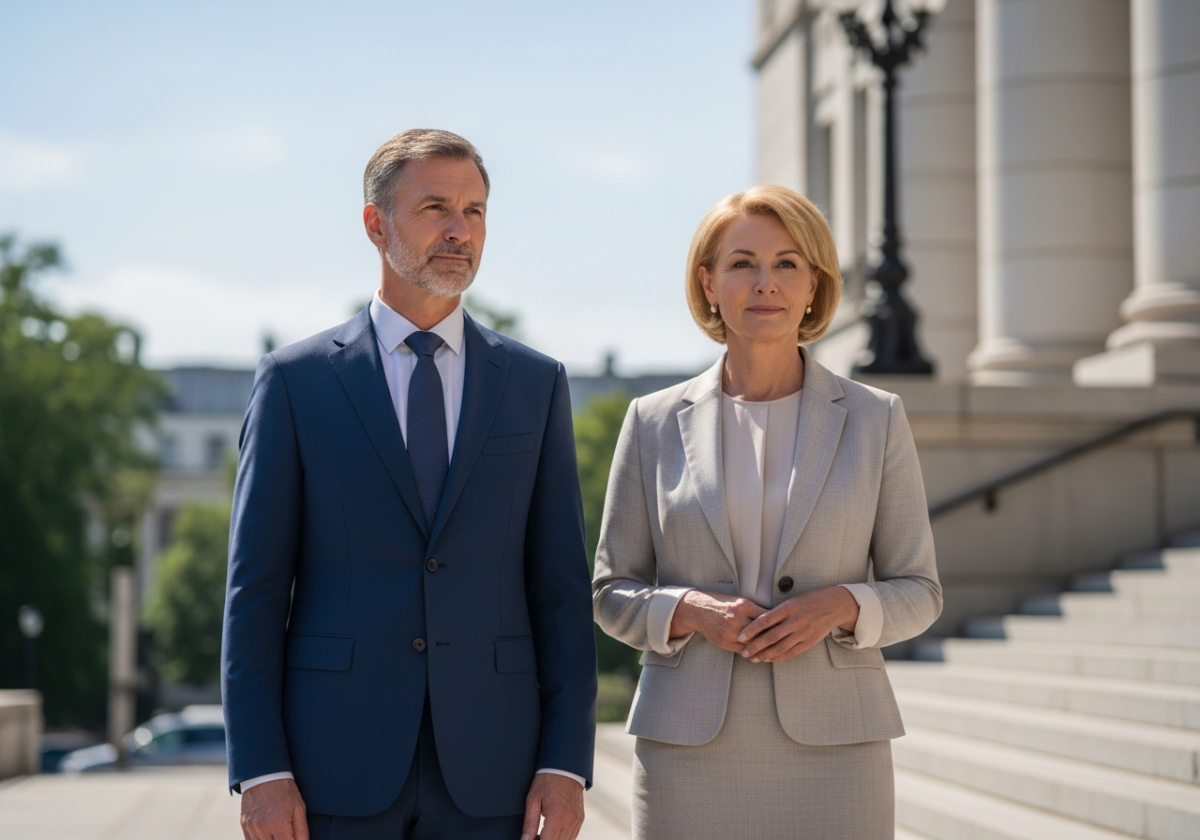 Mężczyzna i kobieta stoją przed gmachem sądu na schodach w naturalnym świetle, ubrani formalnie.