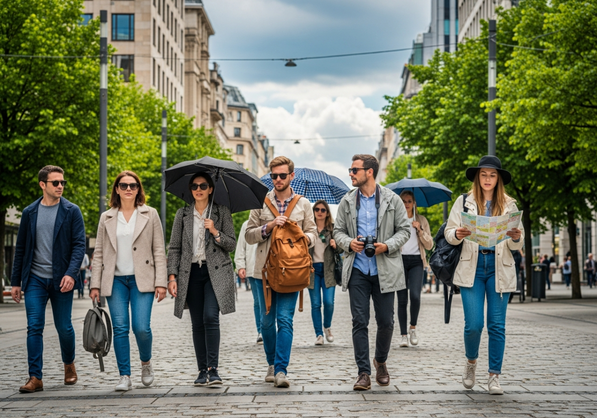 Grupa turystów na ulicy miasta z mapą i aparatem, wśród zieleni i nowoczesnej architektury