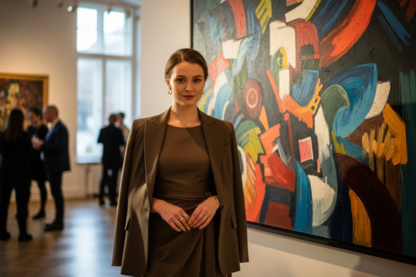 Elegancka kobieta w modnym stroju na wernisażu sztuki obok nowoczesnych abstrakcyjnych obrazów