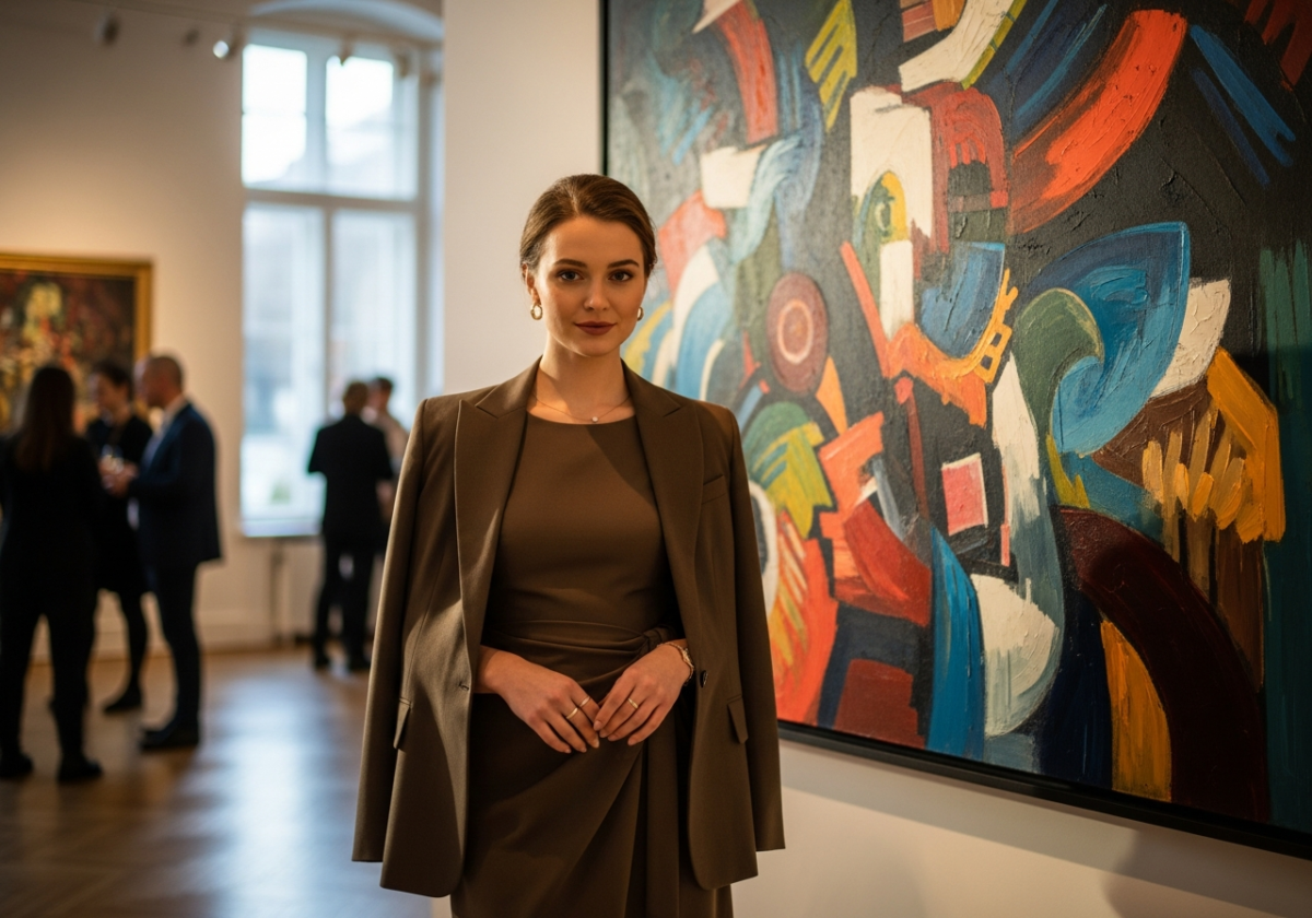 Elegancka kobieta w modnym stroju na wernisażu sztuki obok nowoczesnych abstrakcyjnych obrazów