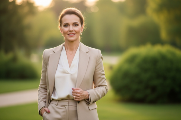 Elegancka kobieta 50 lat w beżowej marynarce stoi w parku o ciepłym świetle zmierzchu.