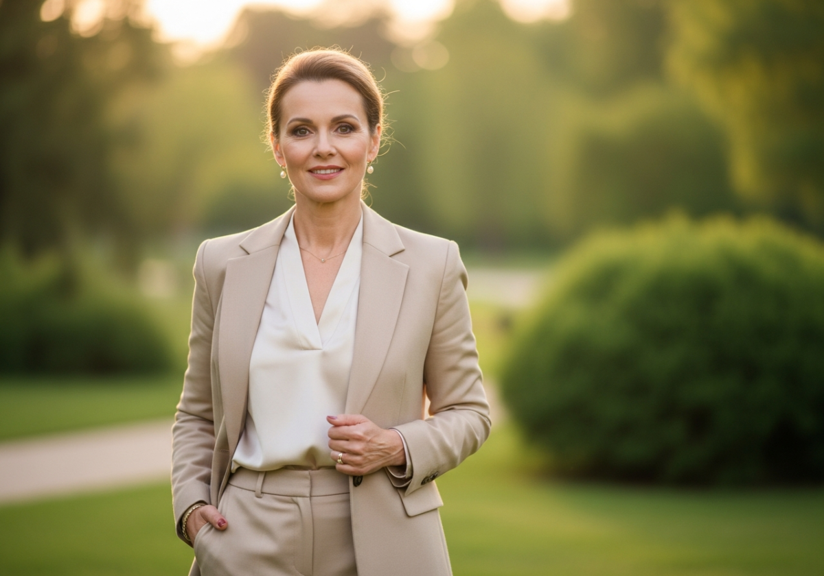 Elegancka kobieta 50 lat w beżowej marynarce stoi w parku o ciepłym świetle zmierzchu.