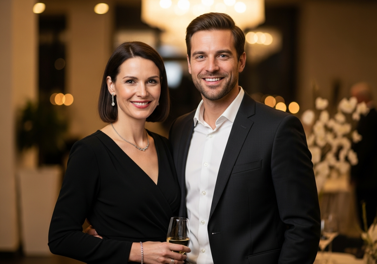Elegancka para w wieczorowych strojach na stylowej imprezie z rozmytym tłem i ciepłym światłem