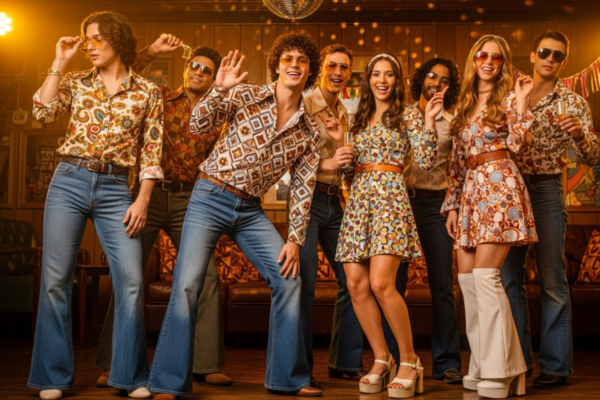 Grupa młodych ludzi na imprezie w stylu lat 70., ubrani w vintage 70s, z disco kulą w tle
