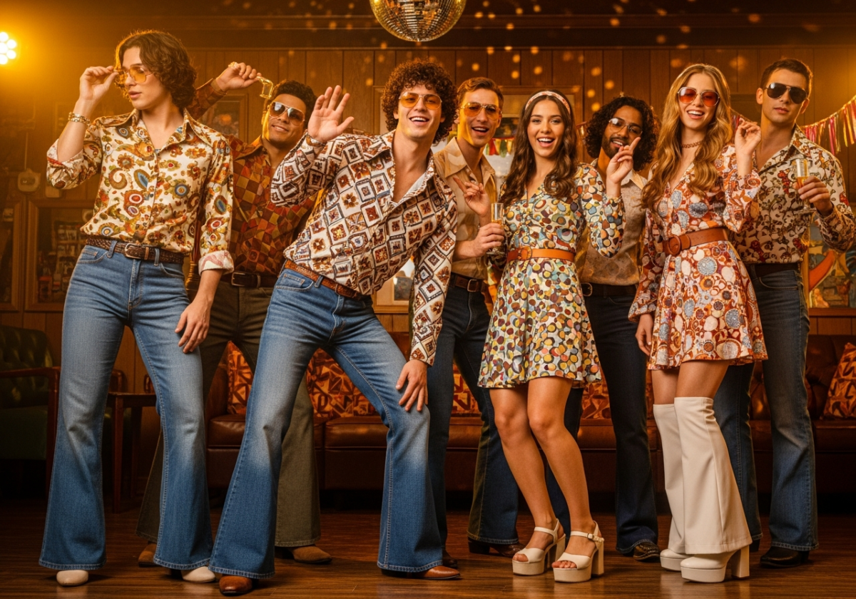 Grupa młodych ludzi na imprezie w stylu lat 70., ubrani w vintage 70s, z disco kulą w tle