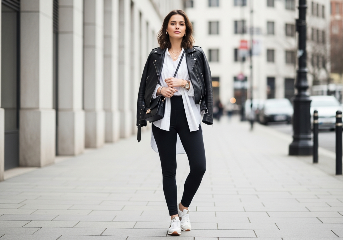Młoda kobieta w miejskim stylu, czarne legginsy, biała koszula, skórzana kurtka, białe sneakersy, minimalistyczna biżuteria