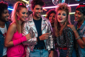 Grupa młodych osób w stylu lat 80., ubranych w kolorowe neony, pozująca na imprezie z dyskotekowymi kulami w tle