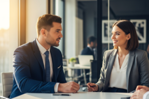 Młody mężczyzna i kobieta w trakcie rozmowy kwalifikacyjnej przy biurku w nowoczesnym biurze