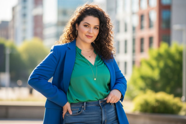 Pewna siebie kobieta plus size w stylowym ubraniu na tle miejskiego krajobrazu w naturalnym świetle