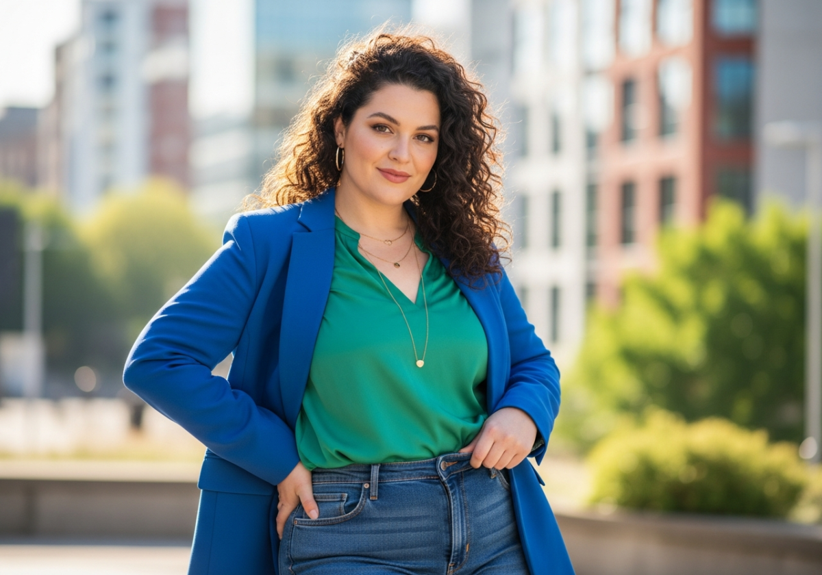Pewna siebie kobieta plus size w stylowym ubraniu na tle miejskiego krajobrazu w naturalnym świetle
