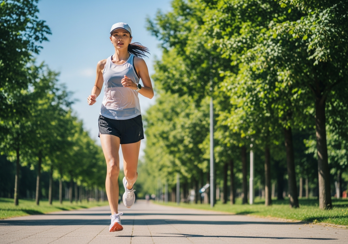 Młoda kobieta biega w letniej odzieży sportowej po słonecznej ścieżce w miejskim parku.