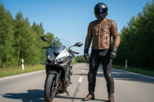 Motocyklista w pełnym ochraniaczu stoi obok nowoczesnego motocykla na otwartej drodze