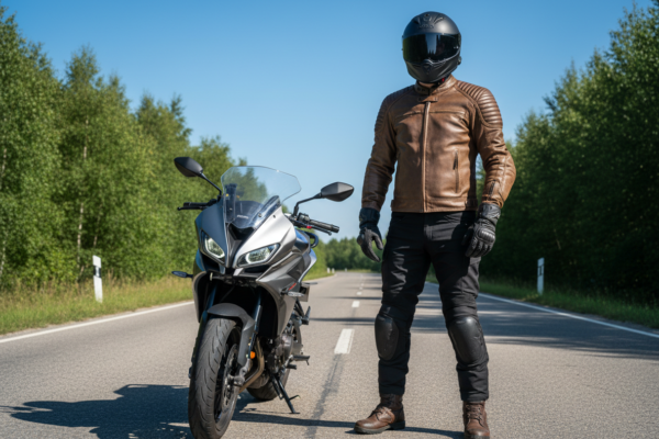 Motocyklista w pełnym ochraniaczu stoi obok nowoczesnego motocykla na otwartej drodze