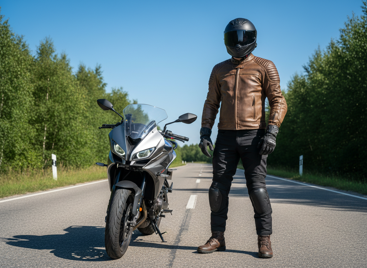 Motocyklista w pełnym ochraniaczu stoi obok nowoczesnego motocykla na otwartej drodze
