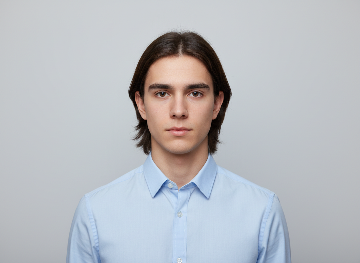 Portret młodej osoby w koszuli na jednolitym tle do zdjęcia identyfikacyjnego, naturalne oświetlenie.